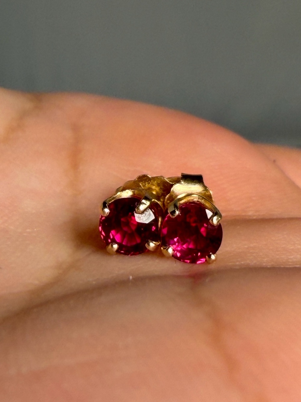Solid 14K Yellow Gold Lab Created Ruby Stud Earrings 4mm Round July Birthstone